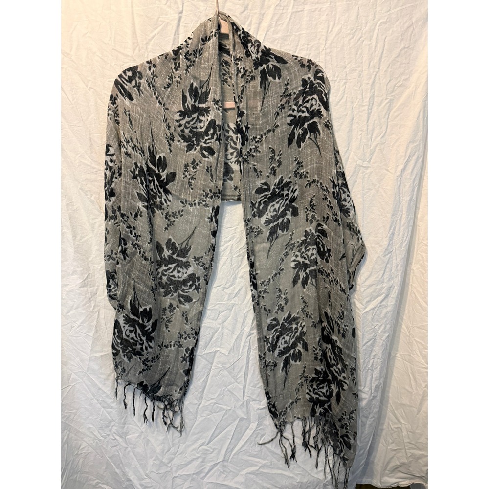 Floral Grey Black Metallic Shimmer Fringe Scarf Lightweight Long Wrap